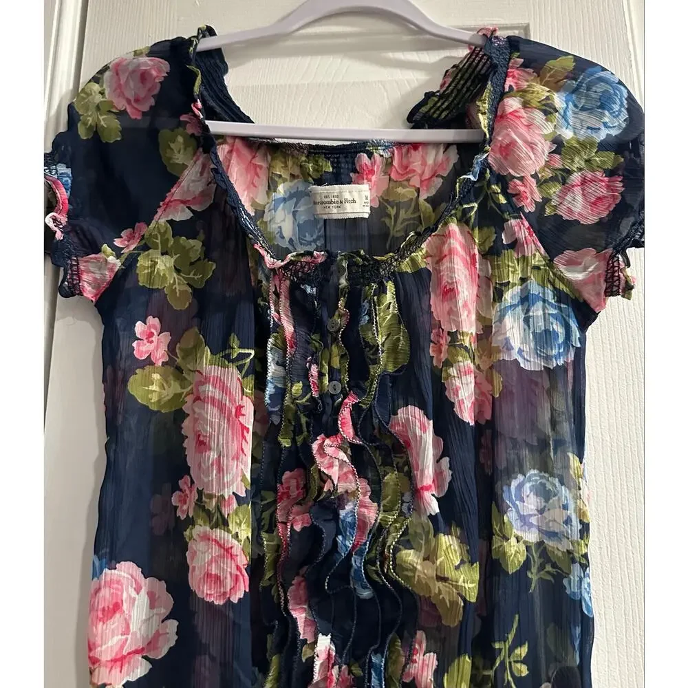 Abercrombie & Fitch Floral Chiffon Blouse M Navy Pink Ruffle Coquette Y2K